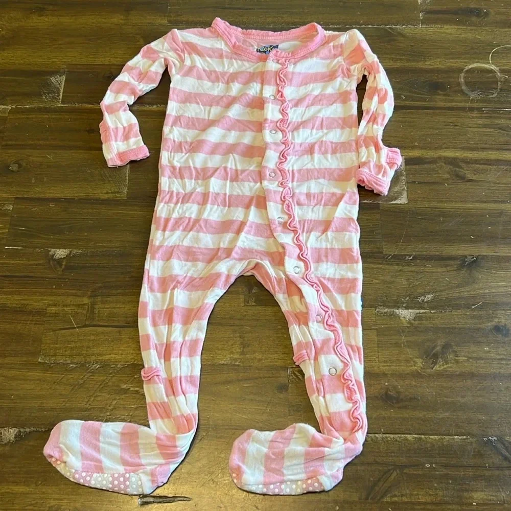 Kickee Pants Striped Ruffle Footsie Bamboo Pink Glove Grip